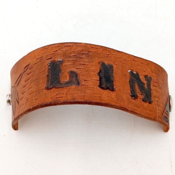 Vintage Leather Cuff Bracelet Western Rockabilly Lin Turquoise Teepee Distressed - Picture 7 of 11